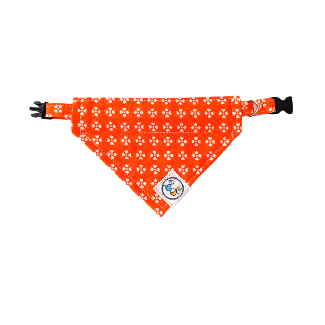 Collar looped through the bright orange bandana with white floral design, showcasing a secure and stylish way to accessorize your pet.