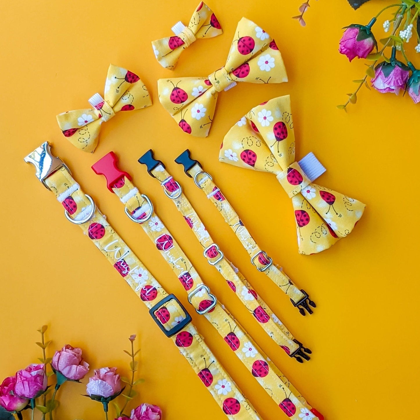 Yellow Lady Bug & Daisy Flower Bow Tie - Whiskerful 4