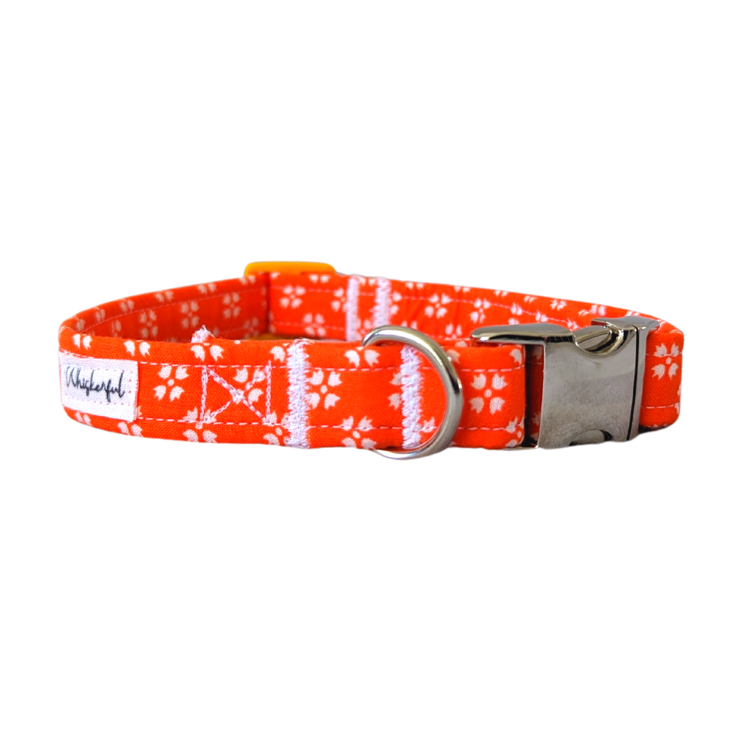 Image of our Bright Orange with White Floral Collar in size Large, featuring contoured aluminum hardware for comfort and durability.