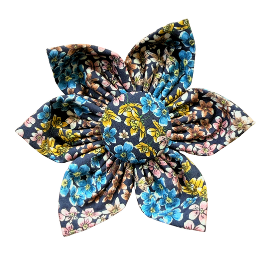 Indigo Yellow and Pink Floral Kanzashi Flower