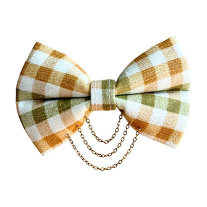 Olive & Amber Plaid Bow Tie with Draped Gold Chains & Charms