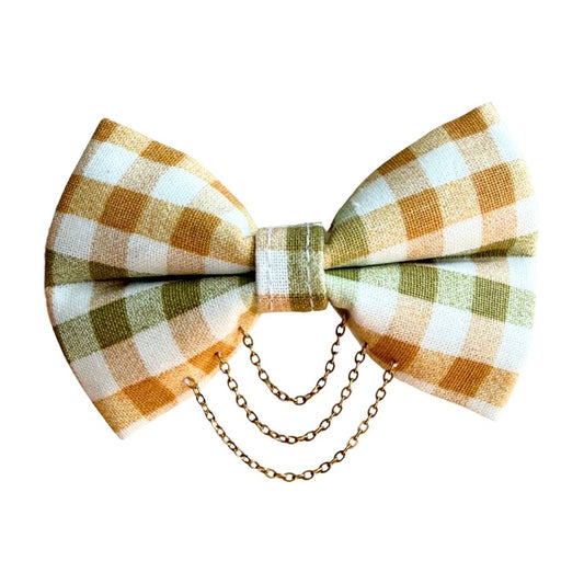 Olive & Amber Plaid Bow Tie with Draped Gold Chains & Charms