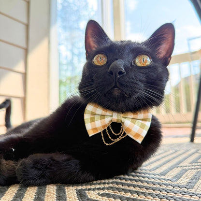 Olive & Amber Plaid Bow Tie with Draped Gold Chains & Charms