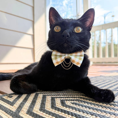 Olive & Amber Plaid Bow Tie with Draped Gold Chains & Charms