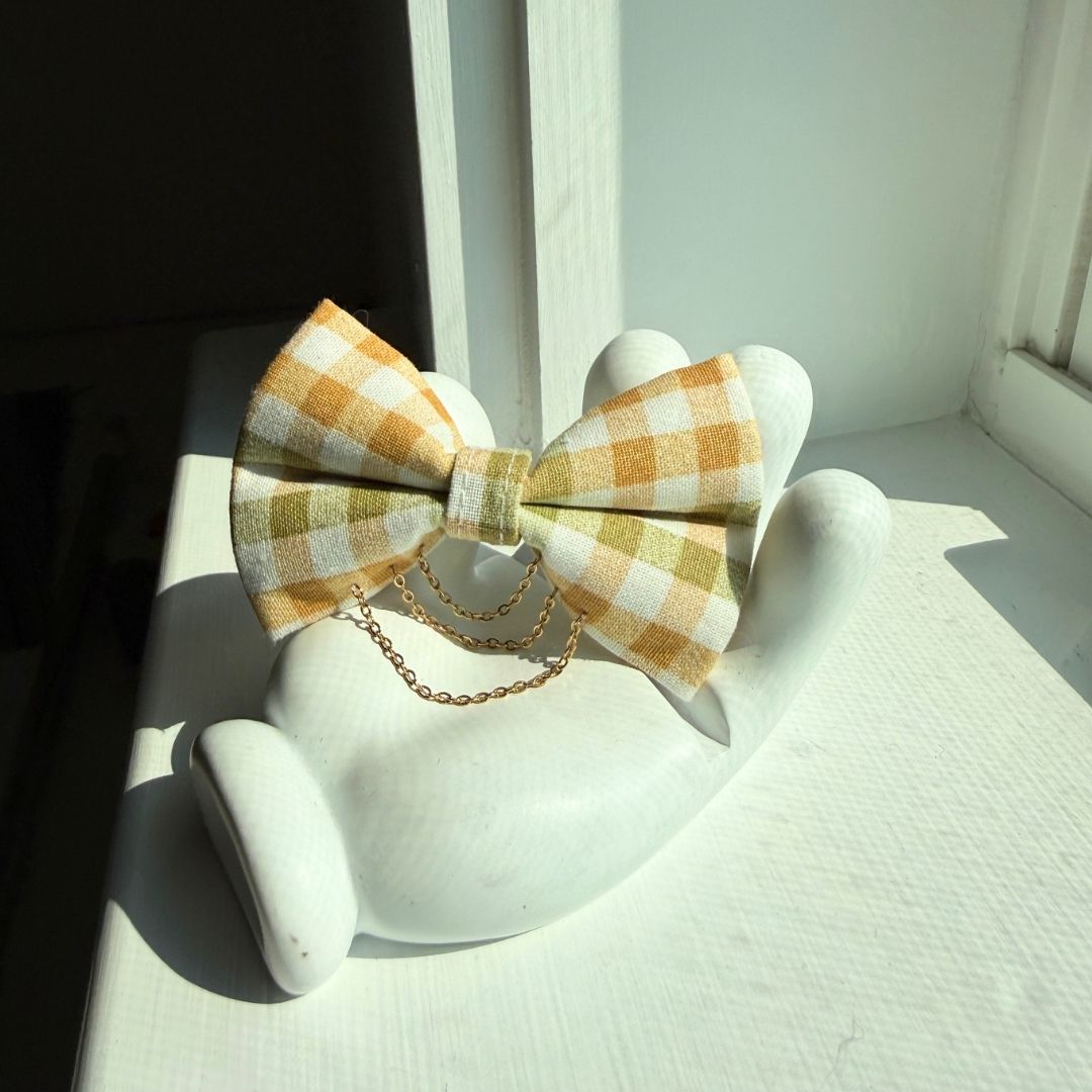 Olive & Amber Plaid Bow Tie with Draped Gold Chains & Charms