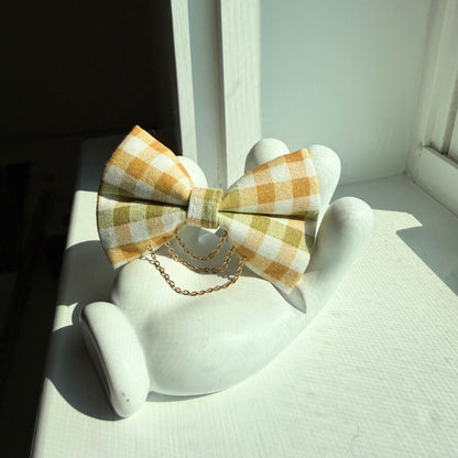 Olive & Amber Plaid Bow Tie with Draped Gold Chains & Charms
