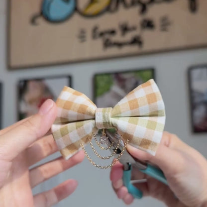 Olive & Amber Plaid Bow Tie with Draped Gold Chains & Charms