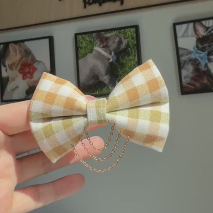 Olive & Amber Plaid Bow Tie with Draped Gold Chains & Charms