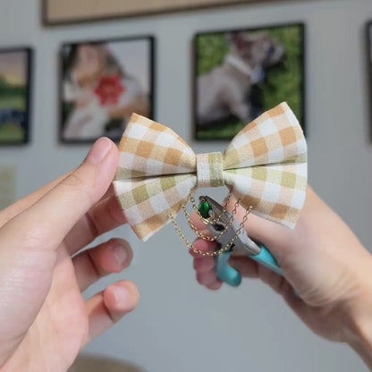 Olive & Amber Plaid Bow Tie with Draped Gold Chains & Charms