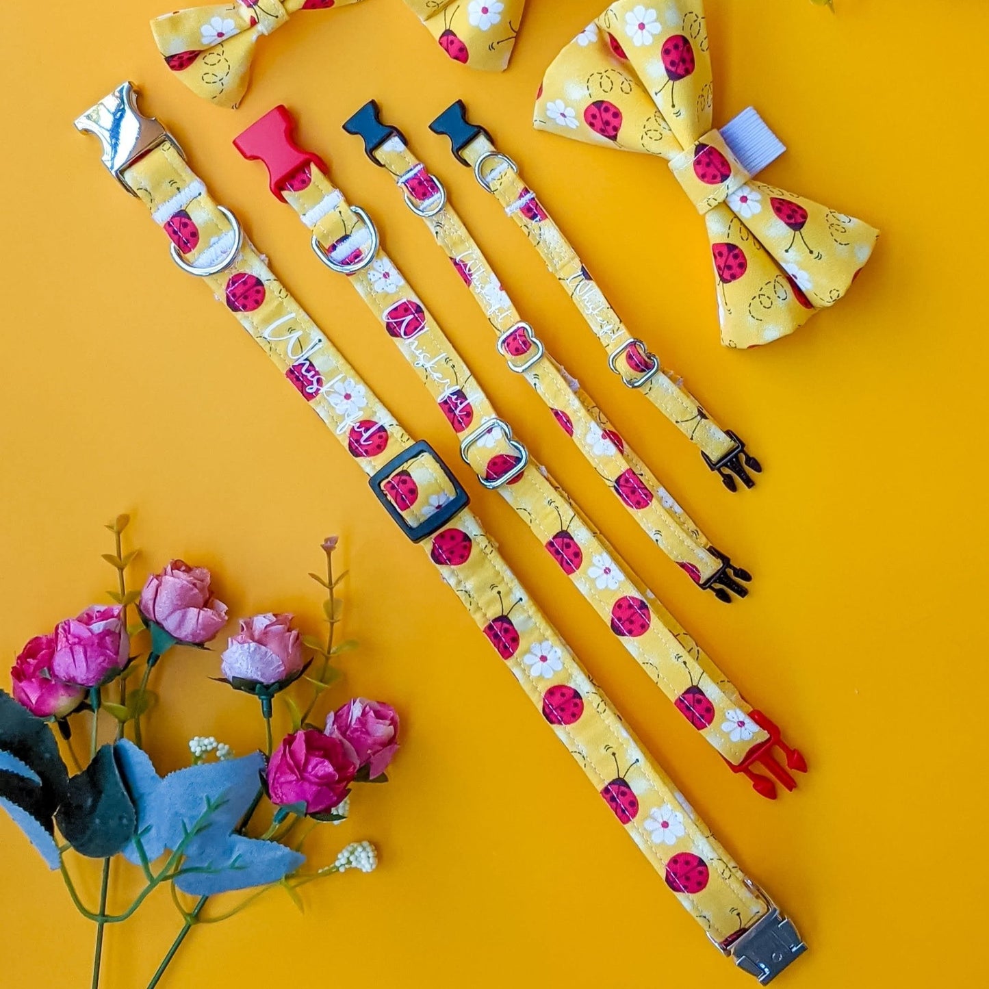 Yellow Lady Bug & Daisy Flower Collar and Bow Tie - Whiskerful 3